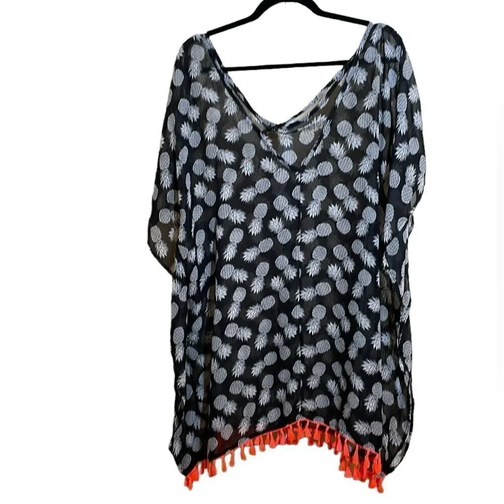 No Boundaries Pineapple Print Kaftan Shawl size XL Black & White semi sheer